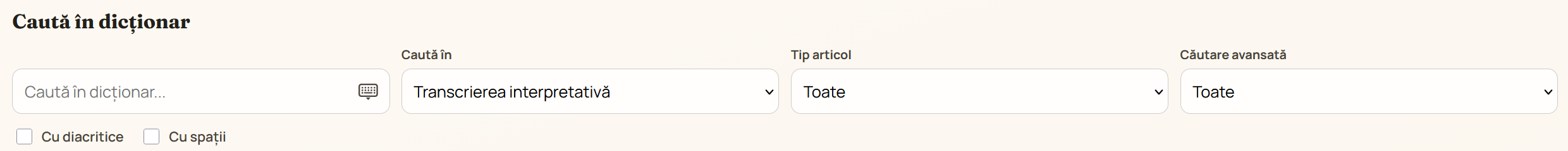 Zona de filtre cu meniurile derulante și opțiunile Cu diacritice, Cu spații